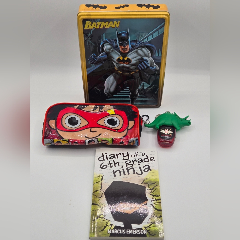 Boy Lot NEW Book Ryan Pouch Bath & Body Works Dino Hand Santizer Batman Tin